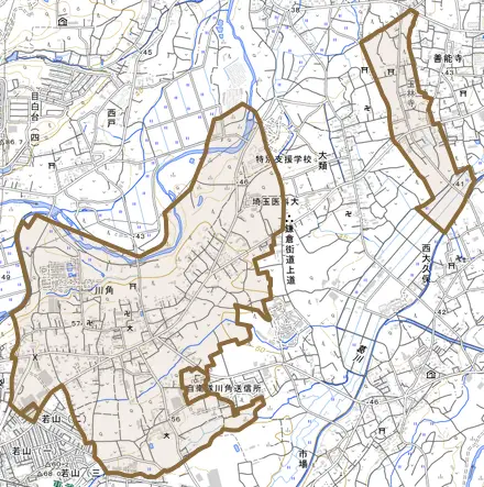 大字川角とその周辺の地図。町の範囲を重ねている