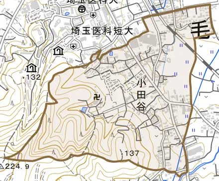 大字小田谷とその周辺の地図。町の範囲を重ねている