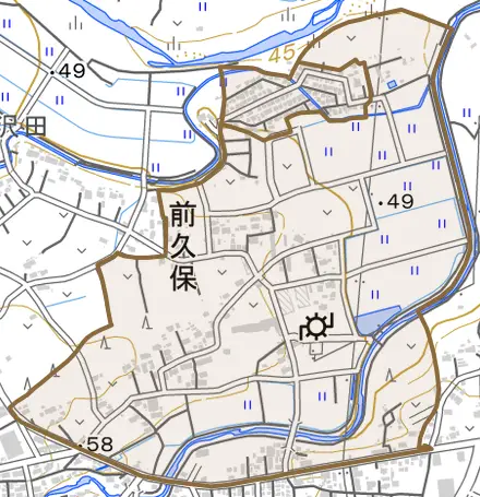 大字前久保とその周辺の地図。町の範囲を重ねている