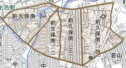 前久保南とその周辺の地図。町の範囲を重ねている