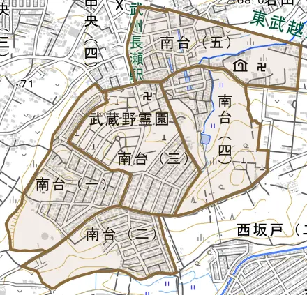 南台とその周辺の地図。町の範囲を重ねている