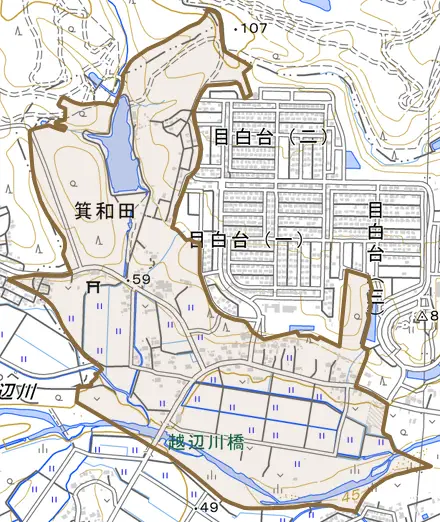 大字箕和田とその周辺の地図。町の範囲を重ねている