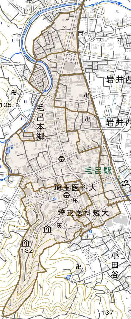 大字毛呂本郷とその周辺の地図。町の範囲を重ねている