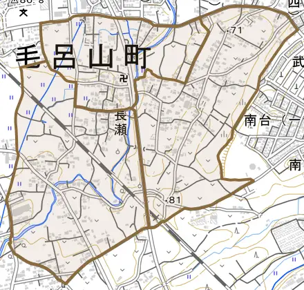 大字長瀬とその周辺の地図。町の範囲を重ねている