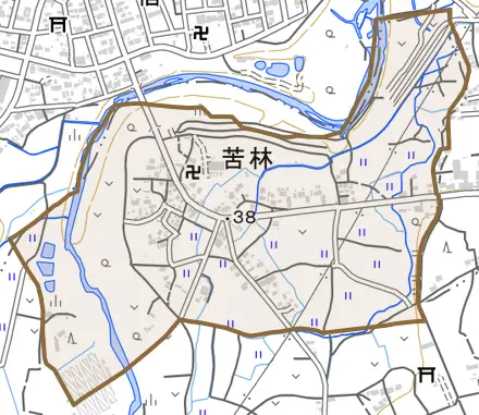 大字苦林とその周辺の地図。町の範囲を重ねている