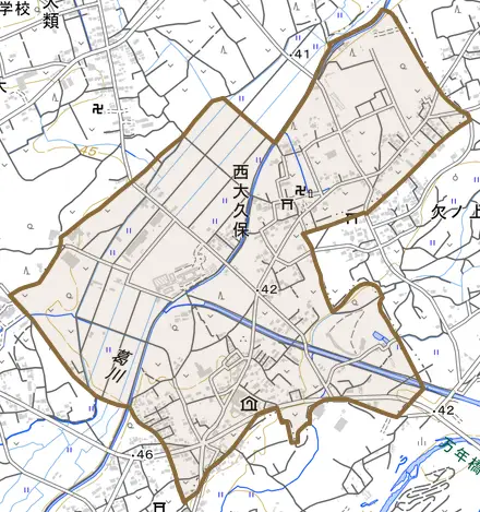 大字西大久保とその周辺の地図。町の範囲を重ねている