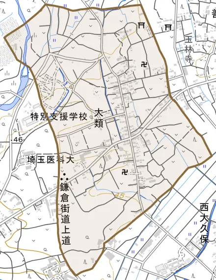 大字大類とその周辺の地図。町の範囲を重ねている
