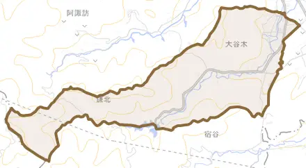 大字大谷木とその周辺の地図。町の範囲を重ねている