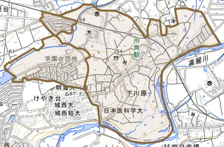 大字下川原とその周辺の地図。町の範囲を重ねている