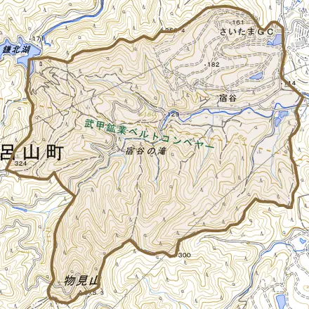 大字宿谷とその周辺の地図。町の範囲を重ねている
