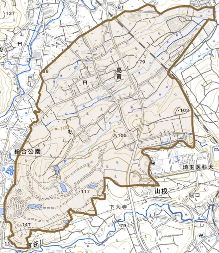 大字葛貫とその周辺の地図。町の範囲を重ねている
