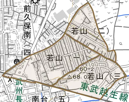 若山とその周辺の地図。町の範囲を重ねている