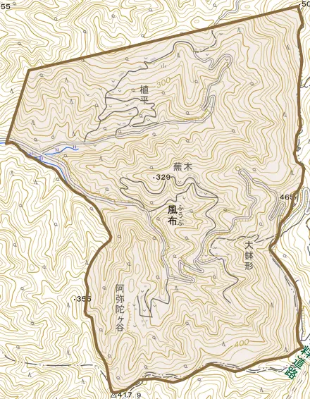 大字風布とその周辺の地図。町の範囲を重ねている