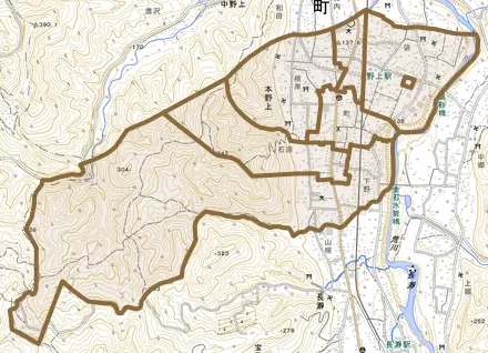 大字本野上とその周辺の地図。町の範囲を重ねている