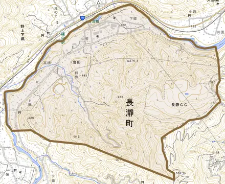 大字岩田とその周辺の地図。町の範囲を重ねている