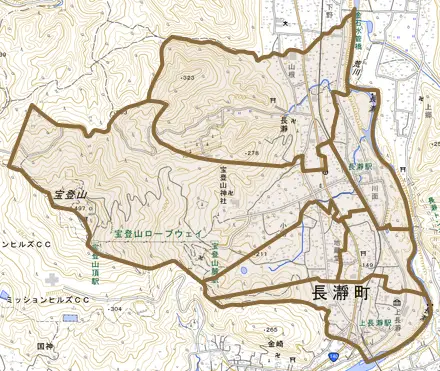 大字長瀞とその周辺の地図。町の範囲を重ねている