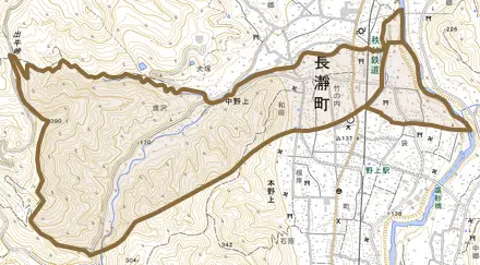 大字中野上とその周辺の地図。町の範囲を重ねている