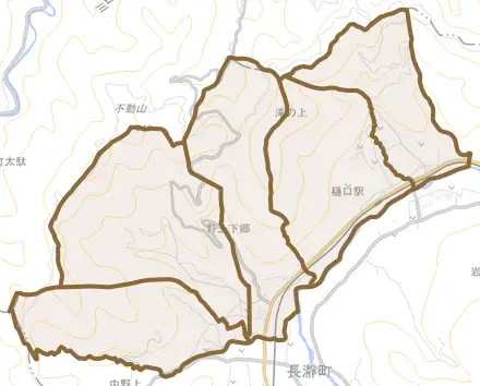 大字野上下郷とその周辺の地図。町の範囲を重ねている