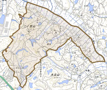 大字伊古とその周辺の地図。町の範囲を重ねている