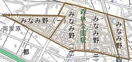 みなみ野とその周辺の地図。町の範囲を重ねている