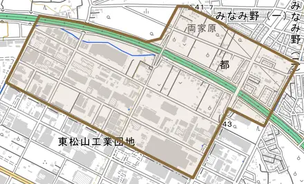 大字都とその周辺の地図。町の範囲を重ねている