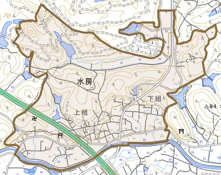 大字水房とその周辺の地図。町の範囲を重ねている
