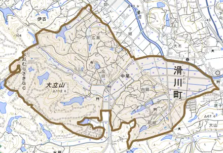 大字中尾とその周辺の地図。町の範囲を重ねている