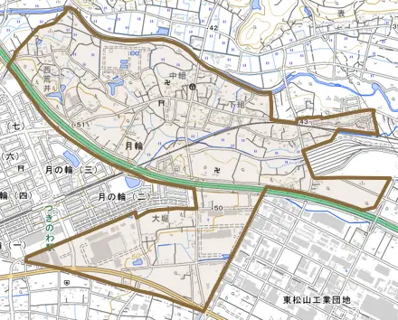 大字月輪とその周辺の地図。町の範囲を重ねている