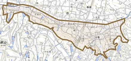 大字土塩とその周辺の地図。町の範囲を重ねている