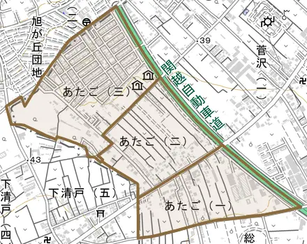 あたごとその周辺の地図。町の範囲を重ねている