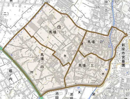 馬場とその周辺の地図。町の範囲を重ねている