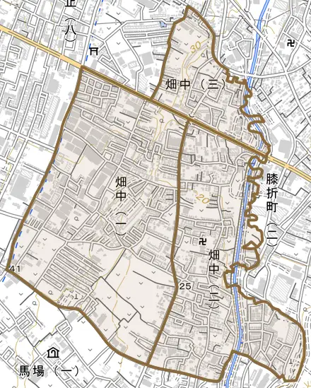 畑中とその周辺の地図。町の範囲を重ねている