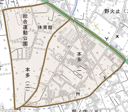 本多とその周辺の地図。町の範囲を重ねている