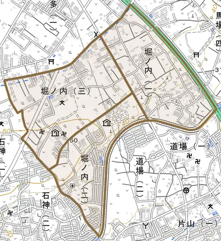 堀ノ内とその周辺の地図。町の範囲を重ねている