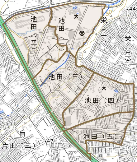 池田とその周辺の地図。町の範囲を重ねている