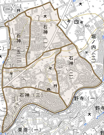 石神とその周辺の地図。町の範囲を重ねている