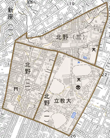 北野とその周辺の地図。町の範囲を重ねている