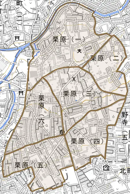 栗原とその周辺の地図。町の範囲を重ねている