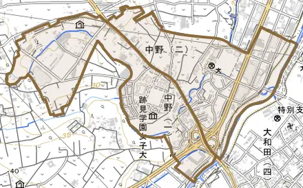 中野とその周辺の地図。町の範囲を重ねている