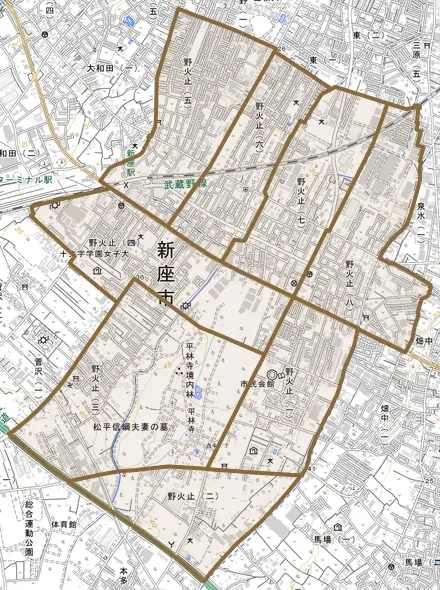 野火止とその周辺の地図。町の範囲を重ねている