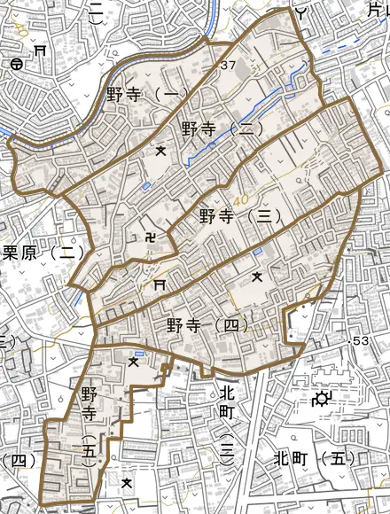 野寺とその周辺の地図。町の範囲を重ねている