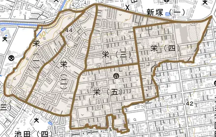 栄とその周辺の地図。町の範囲を重ねている