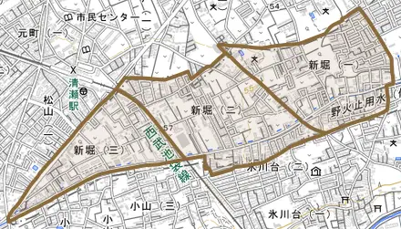 新堀とその周辺の地図。町の範囲を重ねている