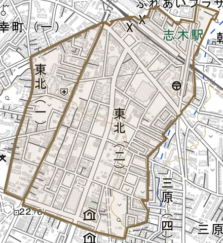 東北とその周辺の地図。町の範囲を重ねている