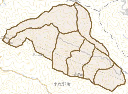 藤倉とその周辺の地図。町の範囲を重ねている