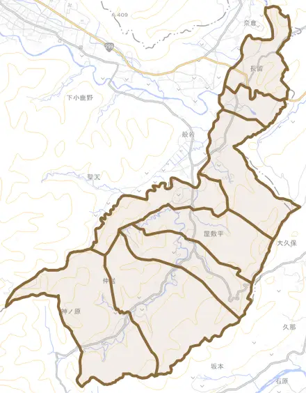 長留とその周辺の地図。町の範囲を重ねている