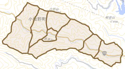 三山とその周辺の地図。町の範囲を重ねている