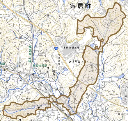 大字原川とその周辺の地図。町の範囲を重ねている