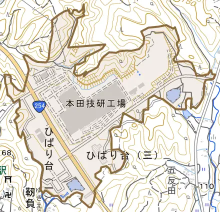 ひばり台とその周辺の地図。町の範囲を重ねている