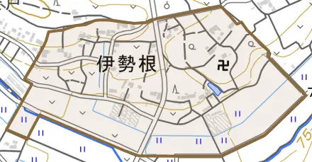 大字伊勢根とその周辺の地図。町の範囲を重ねている